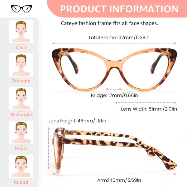 Blått ljusblockerande läsglasögon för kvinnor (5-pack) - Cat Eye