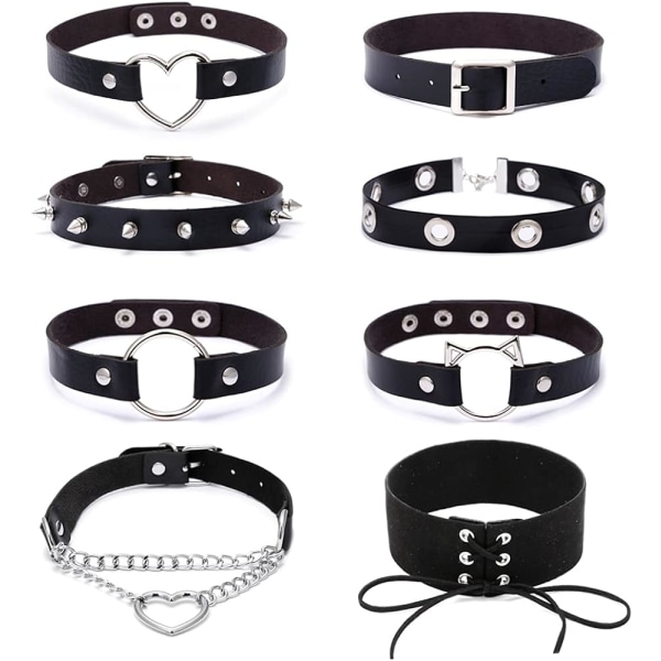 8ST Svart Läder Choker Halsband - Punk Goth Justerbart PU Läder