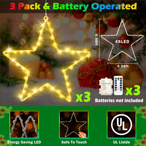 Julfönsterbelysning 3-pack batteridrivet LED-stjärnljus 8 lägen Timer