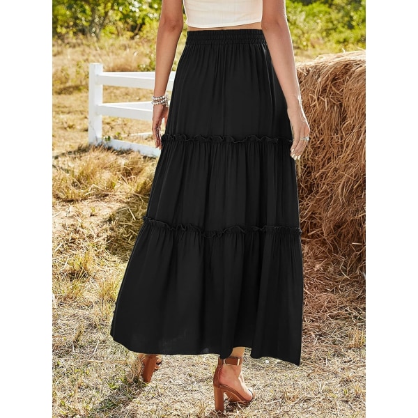 Kvinnors elastisk hög midja A Line Layer Ruffle Swing Casual Long Maxi