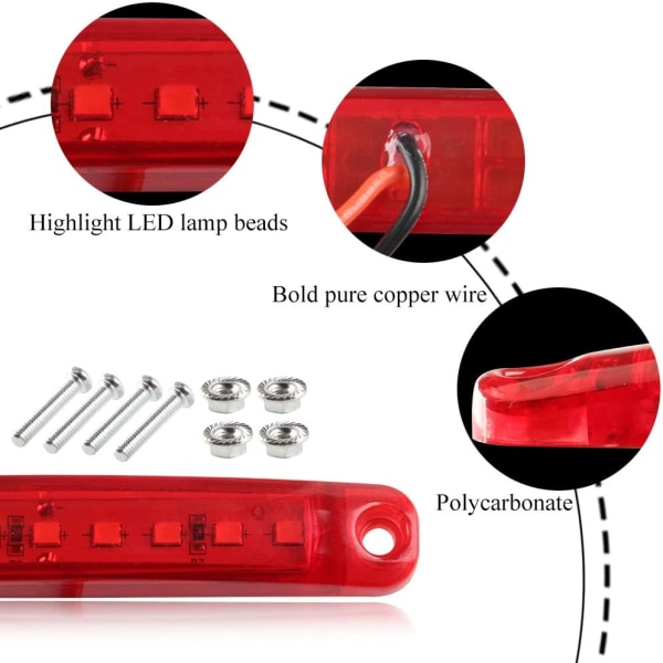 10st röda sidomarkeringsljus - 9LED universal främre bakre positionslampor för fordon