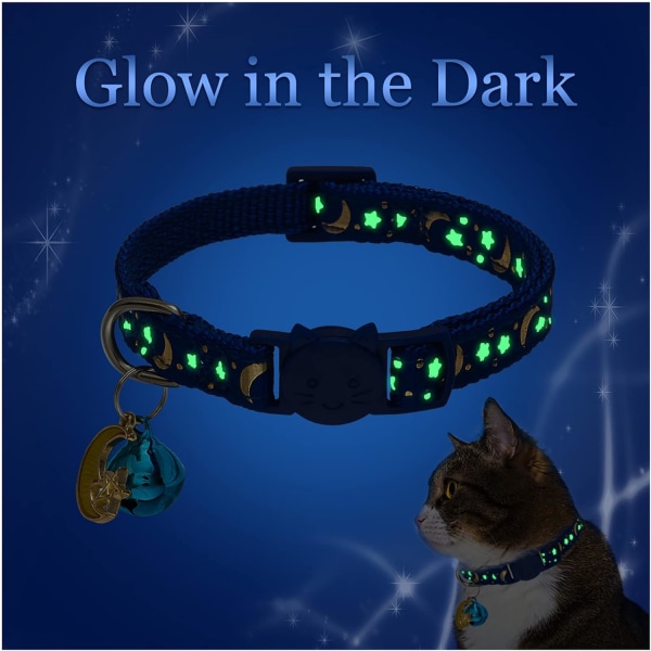 Breakaway Cat Collar with Bells - Glow in The Dark, Stars & Moon Charm