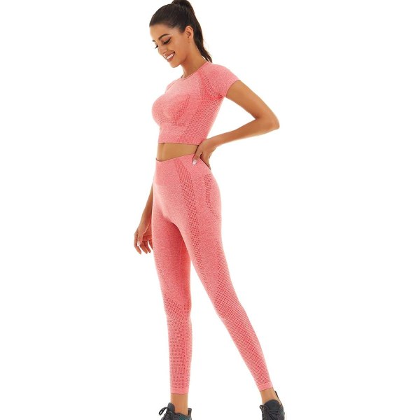 Kvinnor sömlösa träningsoutfits Yoga 2-delat set Legging kortärmad topp