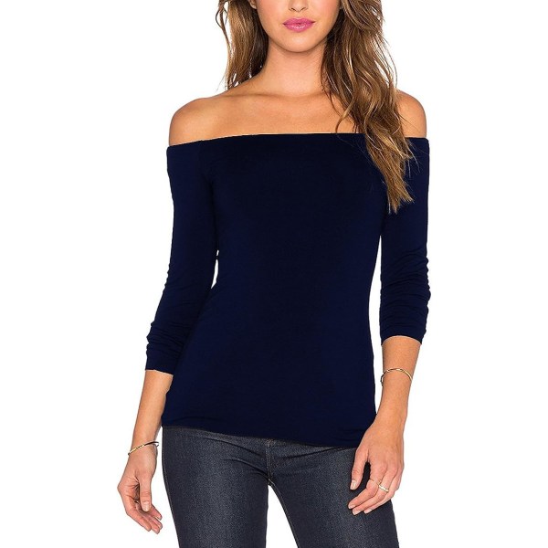 Sexiga off the Shoulder-tröjor för kvinnor Långärmade Slim Fit Stretchy Shirts Blusar