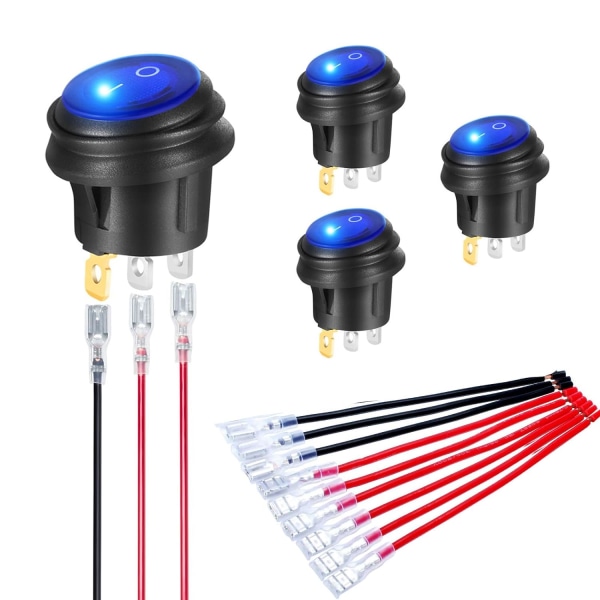 Vattentäta runda vippbrytare - SPST 3-stift, 12V 20A, blått ljus (4-pack)