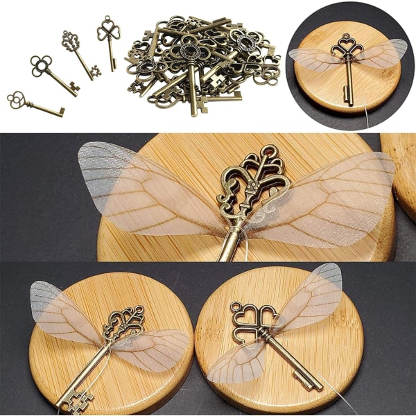 Skeleton Keys Charms Set (50 st) - Vintage berlocker för att göra DIY smycken med trollsländevingar