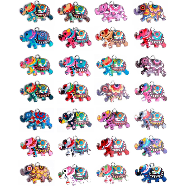 Färgglada elefantberlocker - Set med 28 smycken i metallemalj