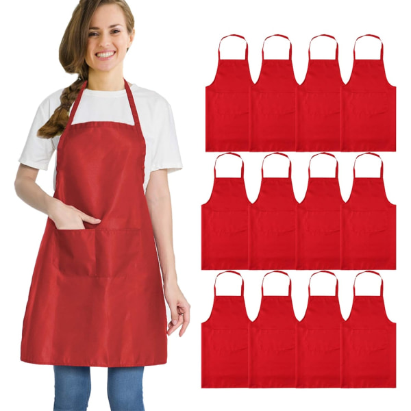 12-pack röda förkläden för kvinnor män med 2 fickor-konstnären bakar matlagning kök