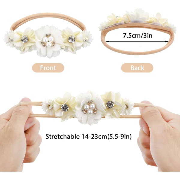 3 Baby Girl Nylon Pannband - Blommiga elastiska hårband rosetter