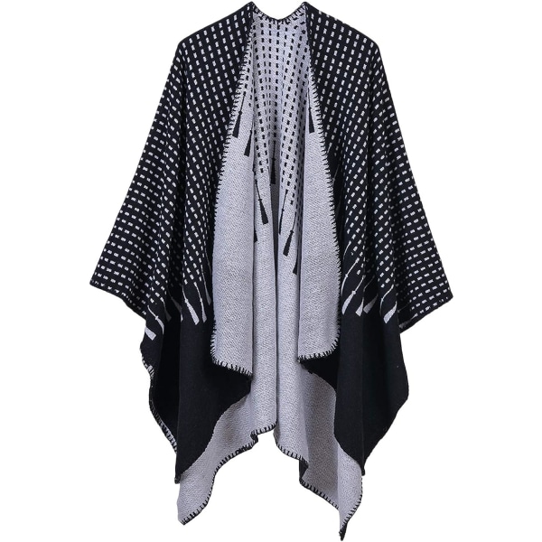 Rutig tröja Poncho Open Front Cape Coat & Blanket Sjal för kvinnor