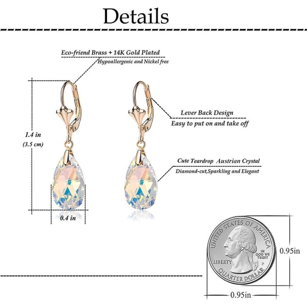Österrikiska Crystal Teardrop Dangle örhängen för kvinnor Mode 14K guld