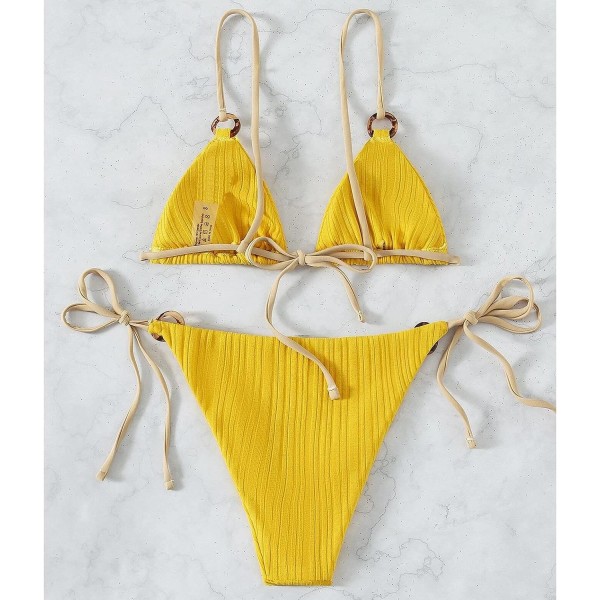 Kvinnors triangelsnöre Bikini Ribbad O-ring Tie Side Tvådelad baddräkt