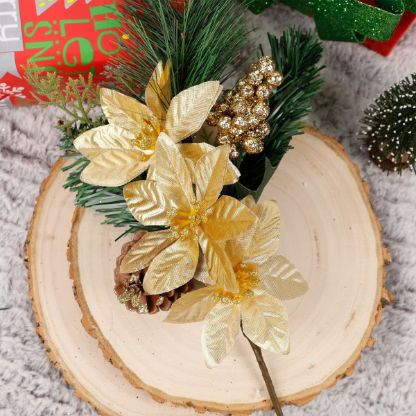 6-pack 12'' Christmas Elegant Faux Evergreen Kvistar + Guld & Silver Flower