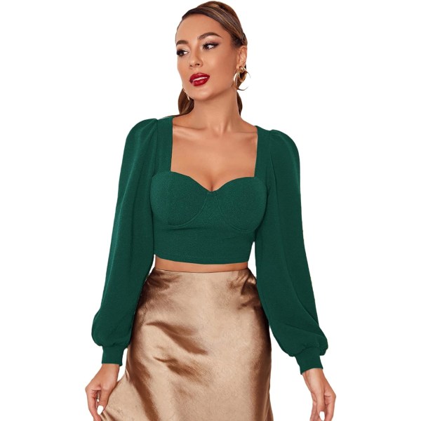 Dam Elegant Sweetheart Neck Lantern Långärmad Solid Crop Top Blus