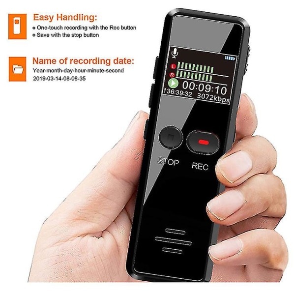 Digital röstinspelare, 8gb 3072kbps röstaktiverad inspelare med slowmotion-uppspelning Typ-c Laddningsbar för föreläsningsmötesintervju, svart