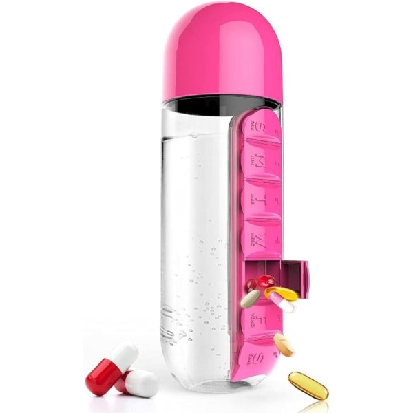 2-i-1 Pill Box Cup - Bärbar vattenflaska med medicinbox, 7 Days Pill Organizer (rosa)