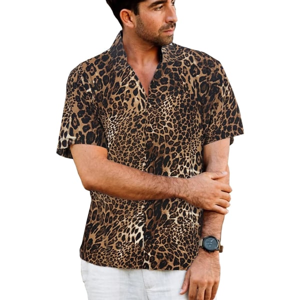 Disco-skjortor med leopardtryck för män med kort ärm, knappad casual skjorta