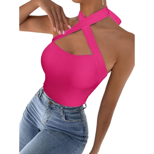 Kvinnors Criss Cross Cut Out Halter Top Ärmlös Ribbstickat Cami Linne