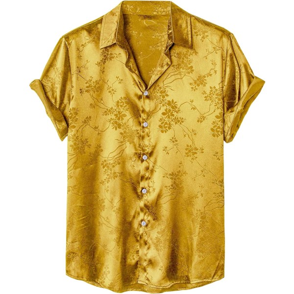 Mäns satängblommiga print nere framtill med lapelkrage solid kortärmad skjorta
