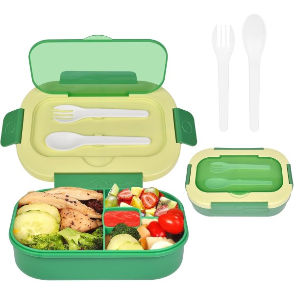 Bento Lunchbox (1300 ml) - Läcksäker box med 4 fack, sked och gaffel (grön)