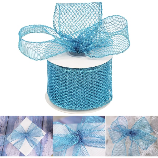 Ljusblå Mesh Wired Ribbon Metallic Sparkling Ribbon Glitter Tinsel Mesh