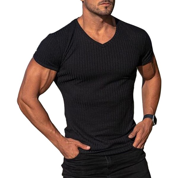 Muscle T-shirt för män Slim Fit Gym Workout V-hals T-shirt Kortärmad Stretch
