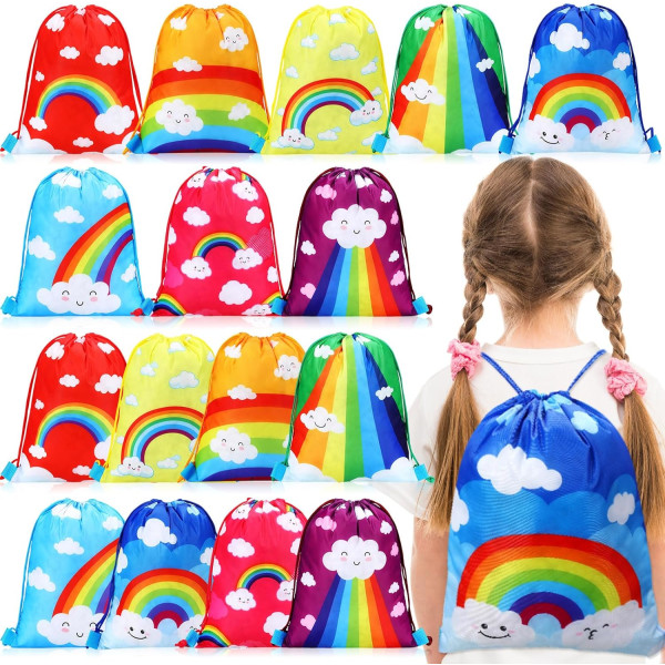 16 st Rainbow Party Favor Bags - Färgglada ryggsäckar med dragsko