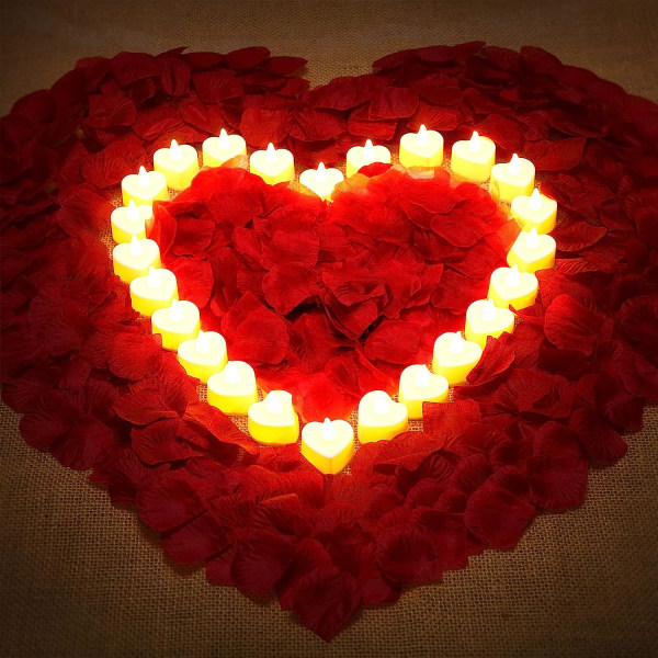 Rosenblad för romantisk natt - Set med flamfria ljus och konstgjorda kronblad (gul)