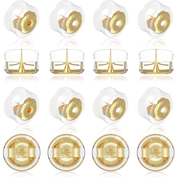 Säkra örhängen i 18K guld - mjuka, tydliga ersättningar för dubbar/hängande öra (8 par)