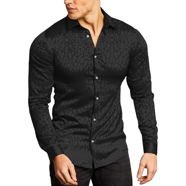 Lyxig Jacquard Leopardklänningskjorta för män Glänsande sidenbröllopskjorta