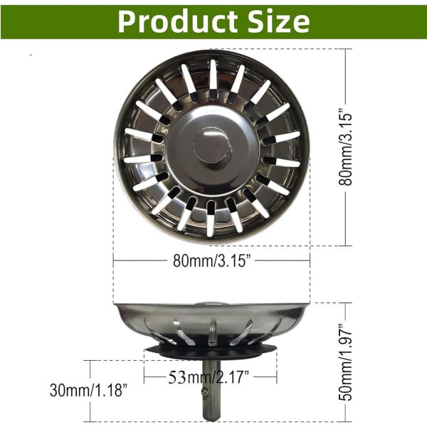 Silplugg för diskbänk (2-pack) - Rostfritt stål förtjockningsplugg och korgsil (diameter 79 mm)