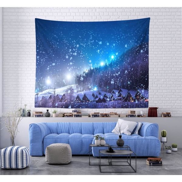 Vintertapet 180" X 120" Rustik Village Night View Xmas Tapestry Forest