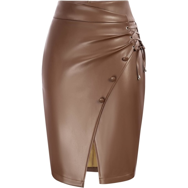 Kvinnor Wrap PU-läderkjol Split High Waist Midi Pencil Skirt