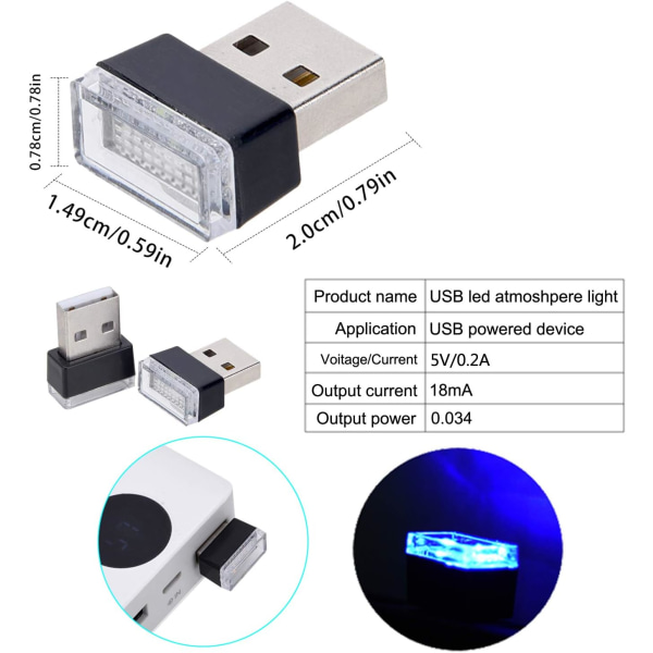 USB LED Bil Interiör Ambient Atmosphere Lights - 2 Styck Blå