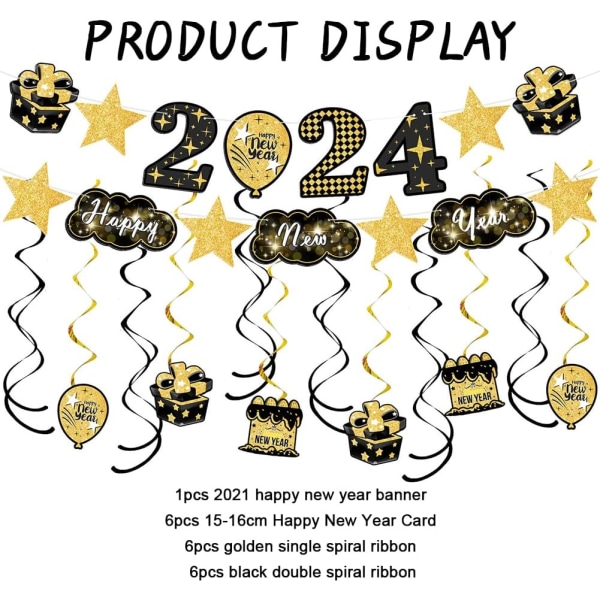 Nyårsdekoration 2024 hängande virvlar och banderoll - svart och guld fest takdekor