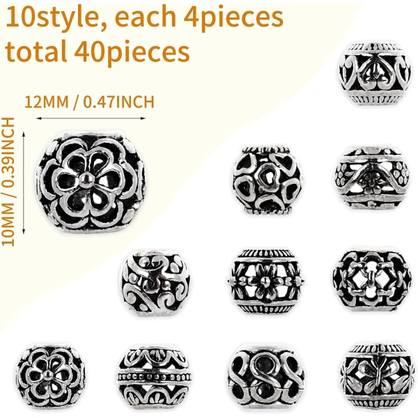 40 delar Silver Spacer Beads - Ihåliga pärlor för smyckestillverkning