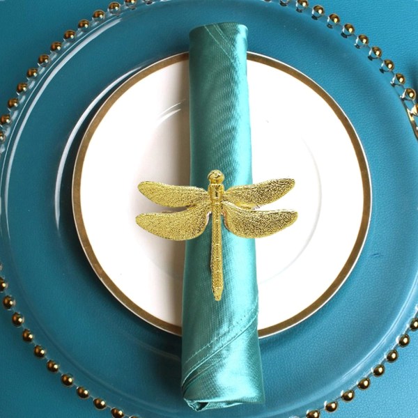 Guld servettringar set med 12 för bröllopshelgen, metall trollslända servetthållare