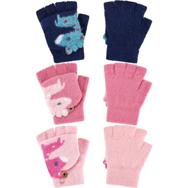 3 par fingerlösa handskar för barn - Vintervarma stickade vantar (6-10 år)