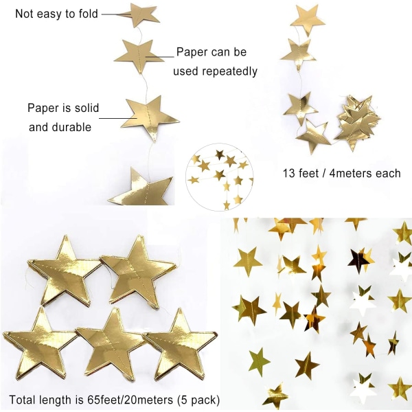 Reflekterande Star Paper Garland - 65 fot för festdekor