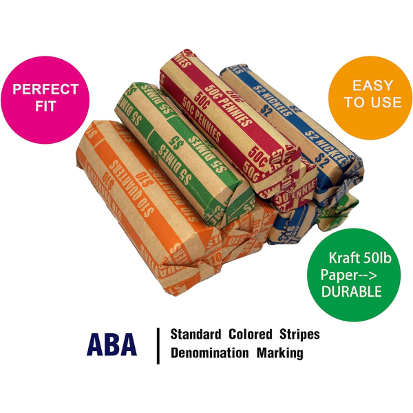 Platt myntomslag 100 Assorted Pack - Quarters, Dimes, Nickels, Pennies - ABA-Standard Kraft Paper