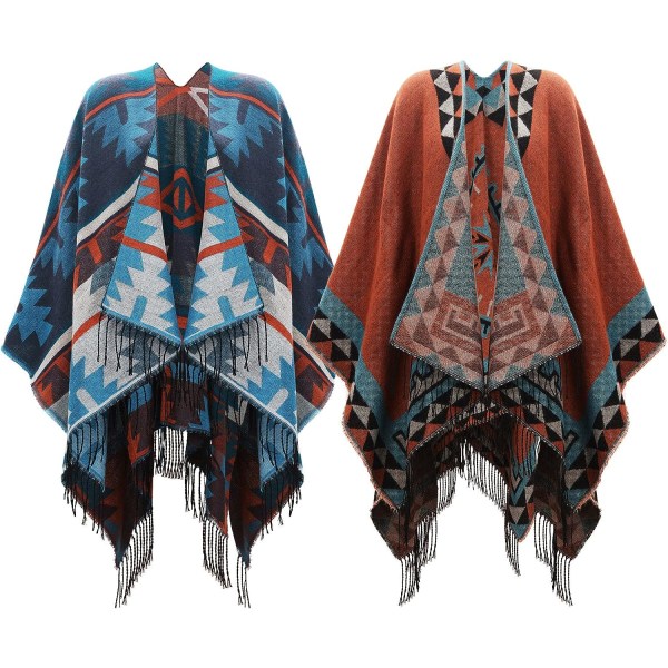 Vintage mönster Western Ponchos 2-delad set med öppen front sjal Cape