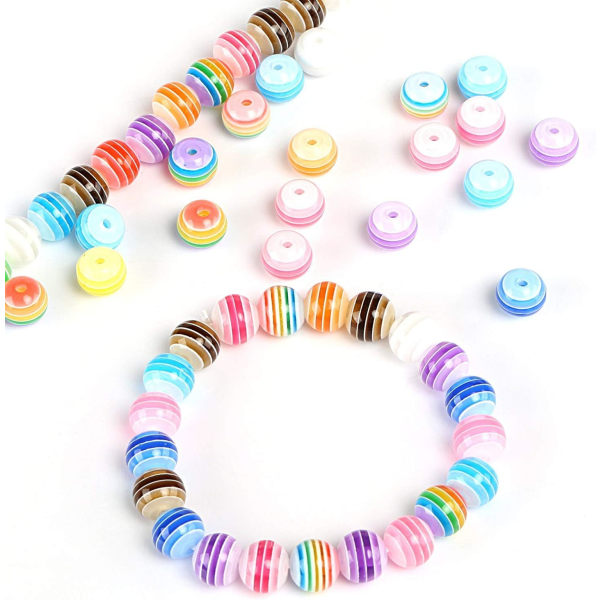 300 st 8mm Akryl Rainbow Stripes Beads - Färgglada runda pärlor med kristallsnöre