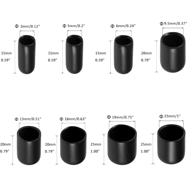 100 st Gummi ändlock - 5 mm inre diameter svart PVC rörskydd