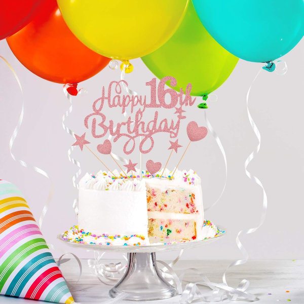 Grattis på 16-årsdagen Cake Topper Set - Glitter hjärta och Star Picks