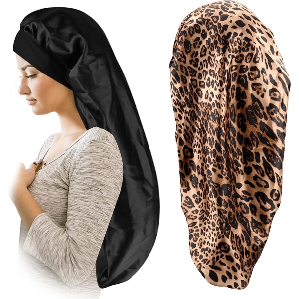 Satinbonet för kvinnor 2-pack mjuk och elastisk svart leopard lång