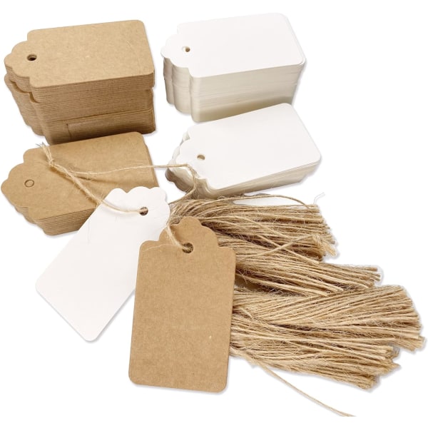 200 papperslappar med jutegarn - vita och bruna presentetiketter för hantverk och presenter