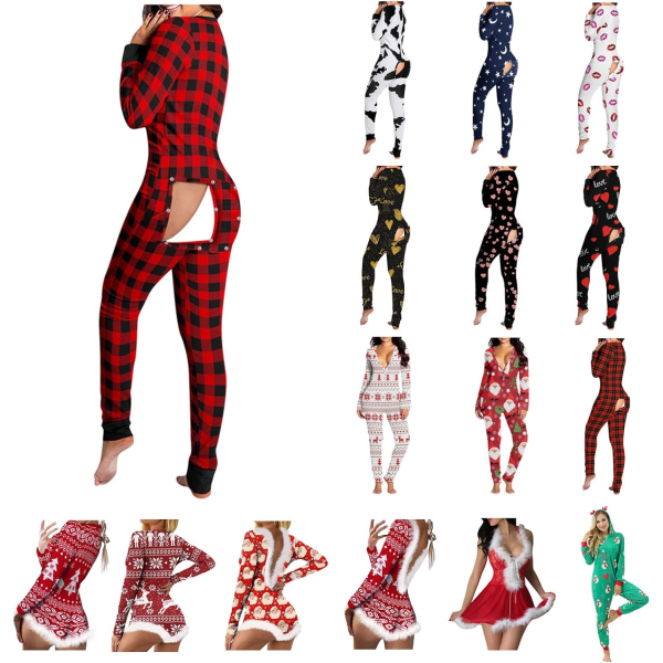 Sexig julpyjamas för kvinnor - Långärmad Onesies Jumpsuit Nattkläder