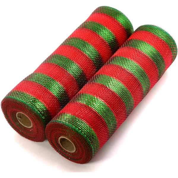 Deco Mesh 10 tum x 10 Yards julfärger, set med 2 röda och gröna metallic