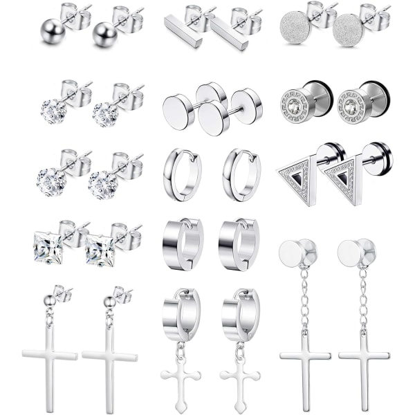 14 par rostfritt stål Dingle med gångjärn med korsstift: herr- och damörhängen i silver och svart