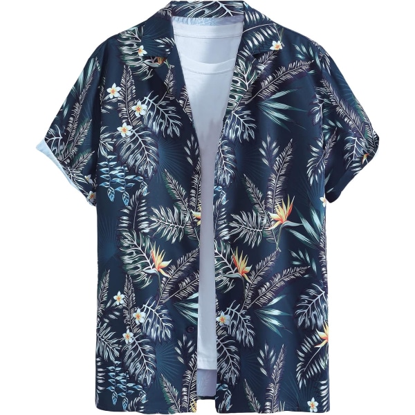 Kortärmad hawaiiansk skjorta för män med tropiskt print Casual Button Down-skjorta